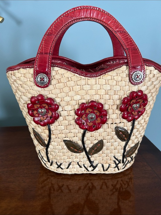 Brighton Handbags - Brighton Red-Trim Woven Straw Tote with Floral Appliqués